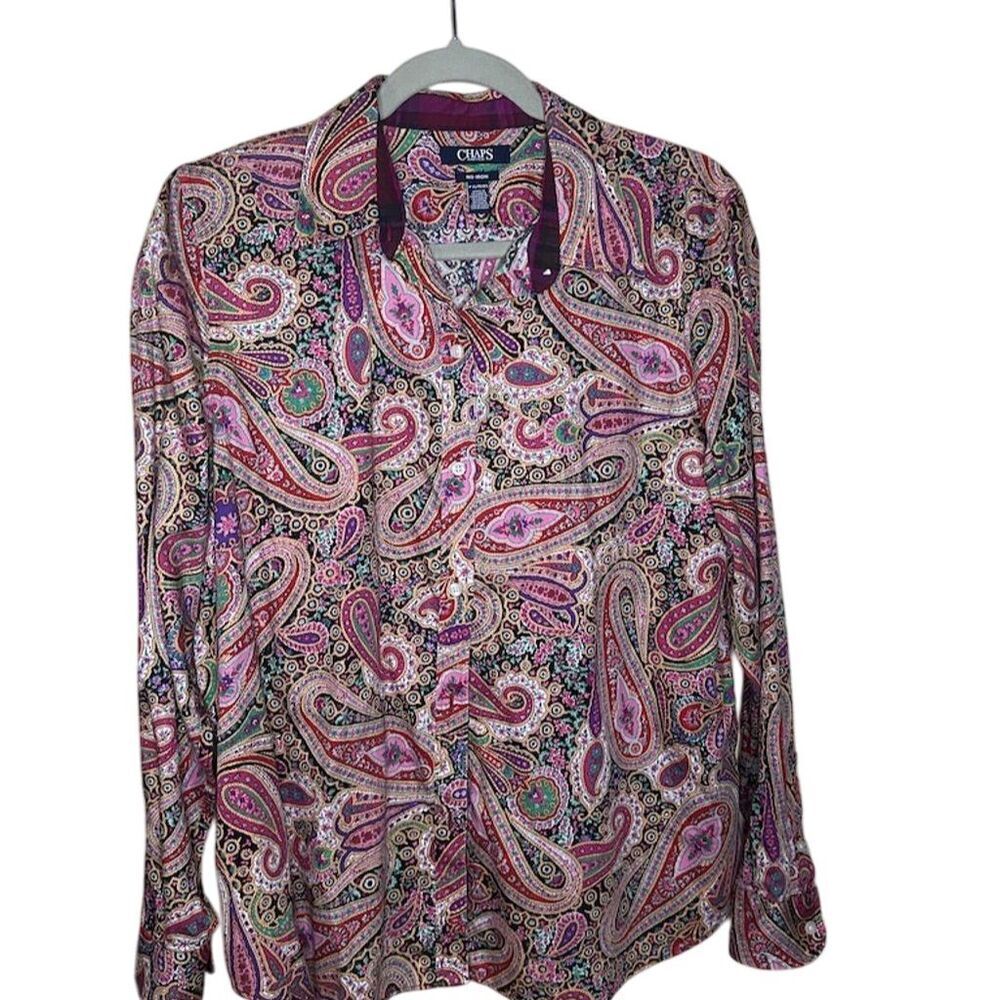 Chaps Women's Plus Petite XL Paisley Button-Up Blouse Multicolor Long Sleeve